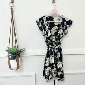 Free People French Quarter Black & Ivory Floral Ruffle Wrap Mini Dress Size S